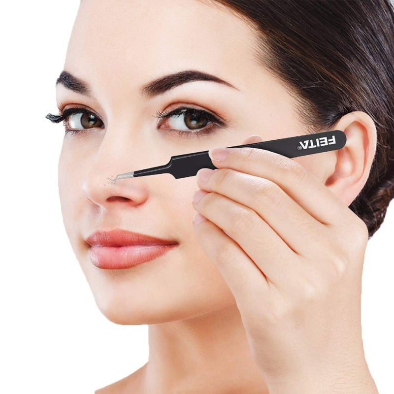 FEITA Blackhead Acne Extraction Tweezers - FEITA Pro & Surgical-Grade Stainless Steel Bend Curved Comedone Extractor Tweezer Tool for Remove Whitehead and Clogged Pores, Pimple - Black - Image 2